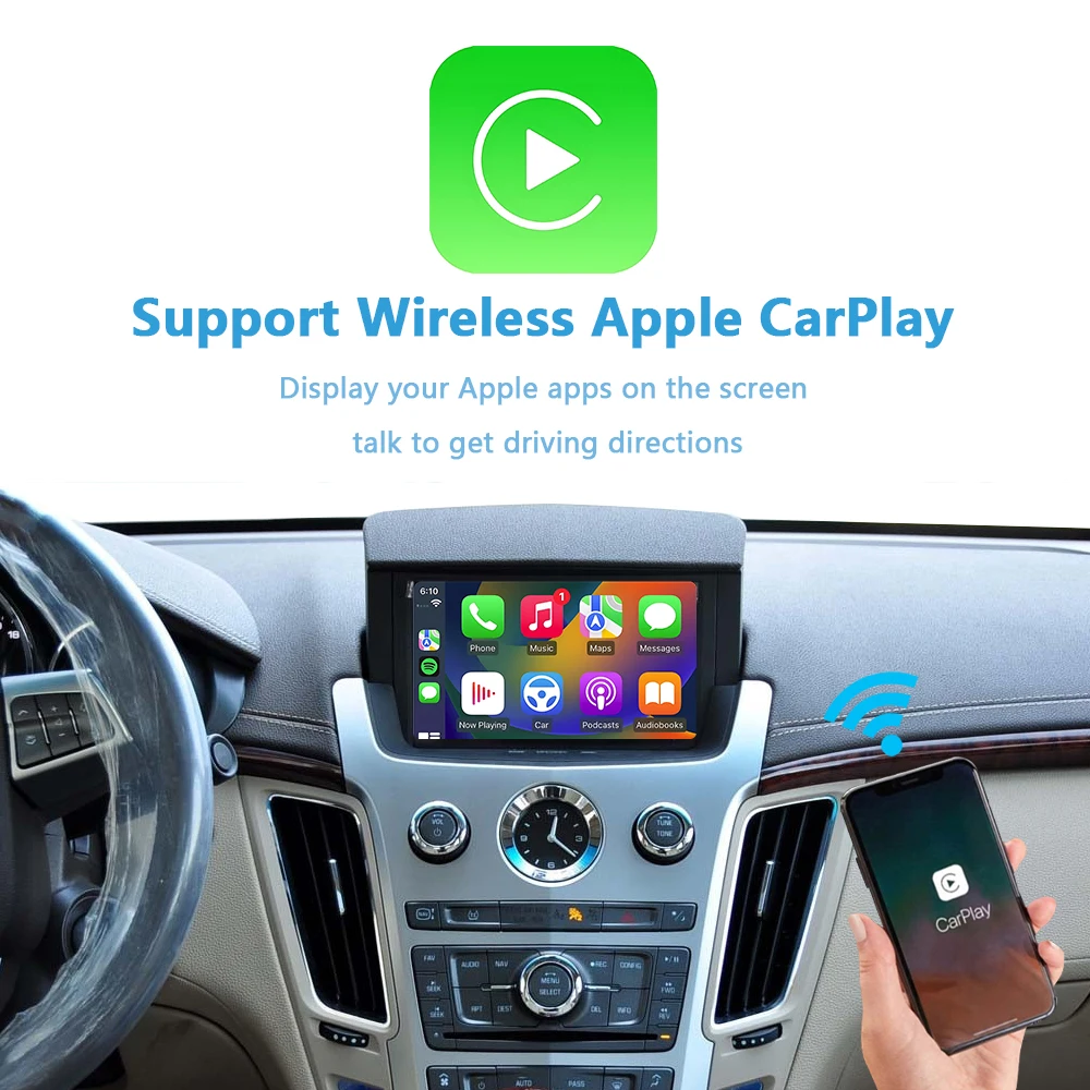 Cadillac CTS SRX 2009-2012 용 무선 CarPlay 개조 무선 안드로이드 자동 플러그 앤 플레이 역방향 카메라 iPhone 미러 추가