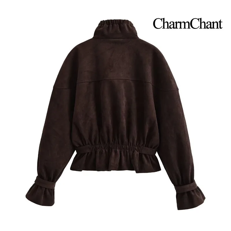 CHARMCHANT Women's Ruffle Hem Suede Jacket Smocked Funnel Neck Cropped Loose Bell Sleeve Vintage Fashion New Outerwear Fall 2026