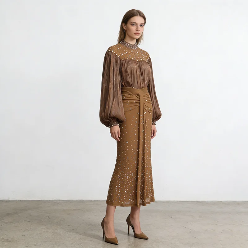 

2026 Spring New French Style Embroidery Rhinestone Mesh Patchwork Long Sleeve Top + High Waist Rhinestone Long Skirt Ladies 2PCS