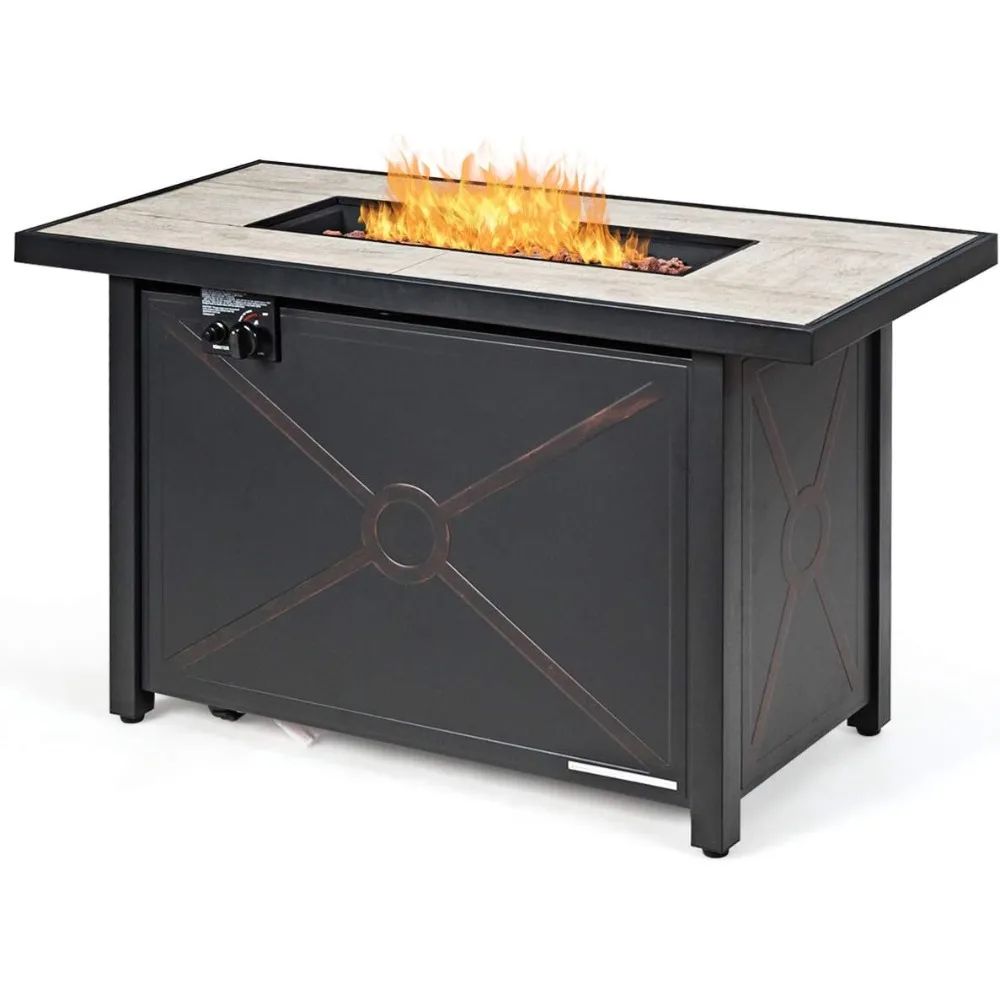 Gas Fire Pit Table with Ceramic Tabletop, Table Cover & Waterproof Cover, Rectangular Propane Fire Pit Table