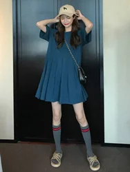플러스 사이즈 패셔너블한 미디 드레스 슬리밍 배 커버 스타일리쉬한 디자인 에이지리스 개성 주름 스커트 한국 스타일 반팔