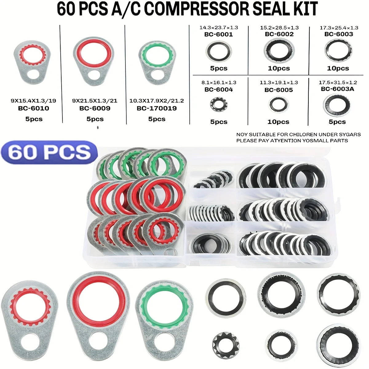 

60pcs AC 0 Ring Kit & Gasket Air Conditioning System Seal Kit,A/C System Compressor Gasket Seals Air Conditioning Compressor