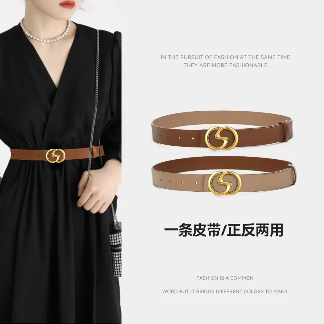 Women's new leather belt front and back dual-purpose fashion versatile decorative belt black jeans belt