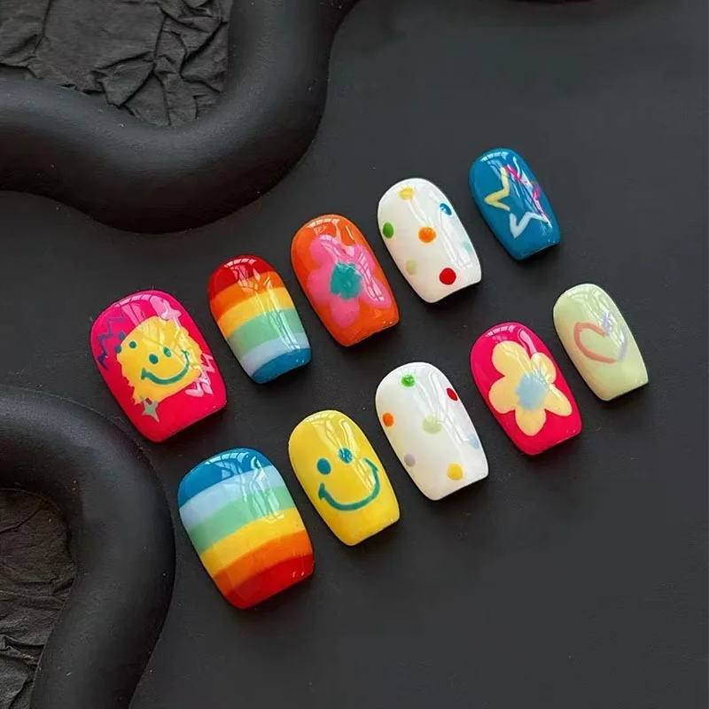 30pcs Small Floral Polka Dot Fake Nails Rainbow Hearts and Stars Press on Nail Short Square False Nail for Women&Girl Fake Nail