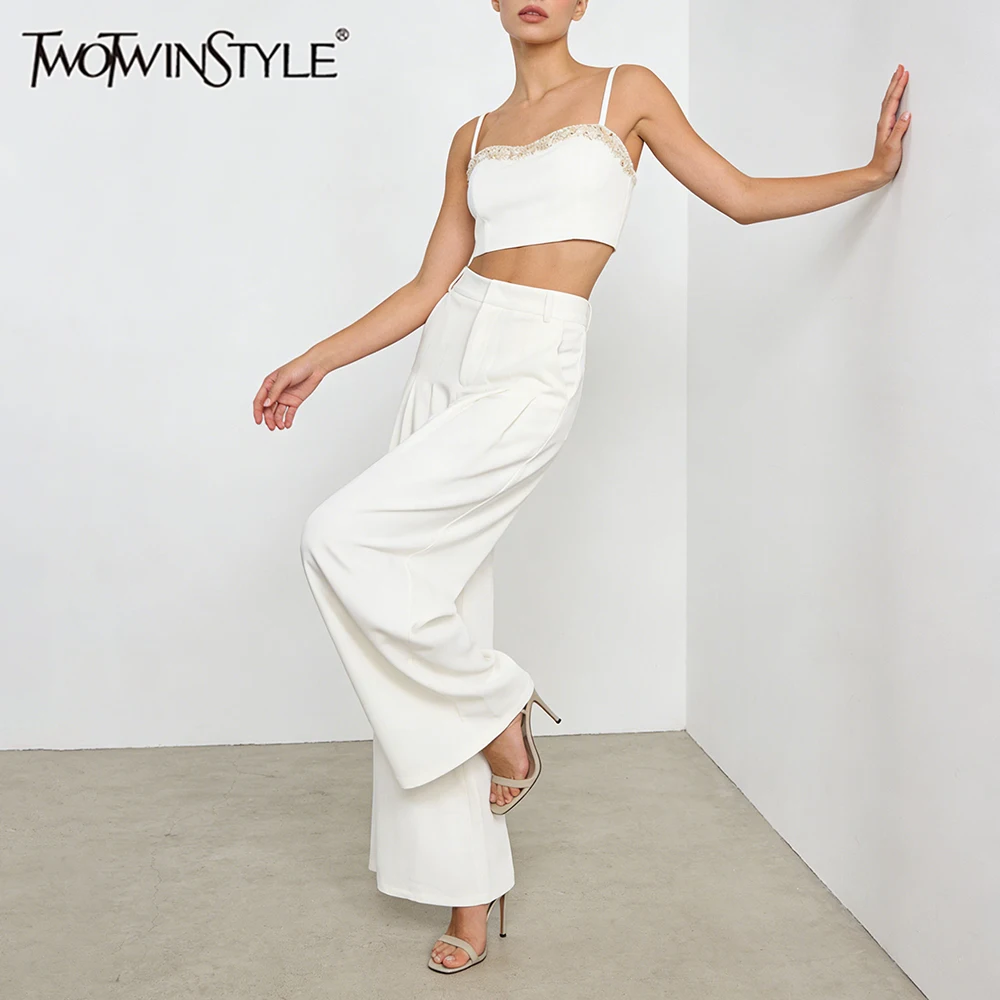 TWOTWINSTYLE solide bases deux pièces ensembles pour femmes col carré sans manches épissé perle gilet taille haute jambe large pantalon ensemble femme