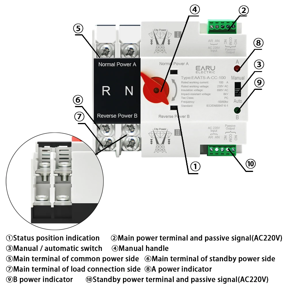 Imagem -04 - Interruptor de Transferência Automática de Energia Dupla Interruptores Seletores Elétricos Alimentação Ininterrupta Disjuntor 100a Trilho Ruído 2p 4p Ats