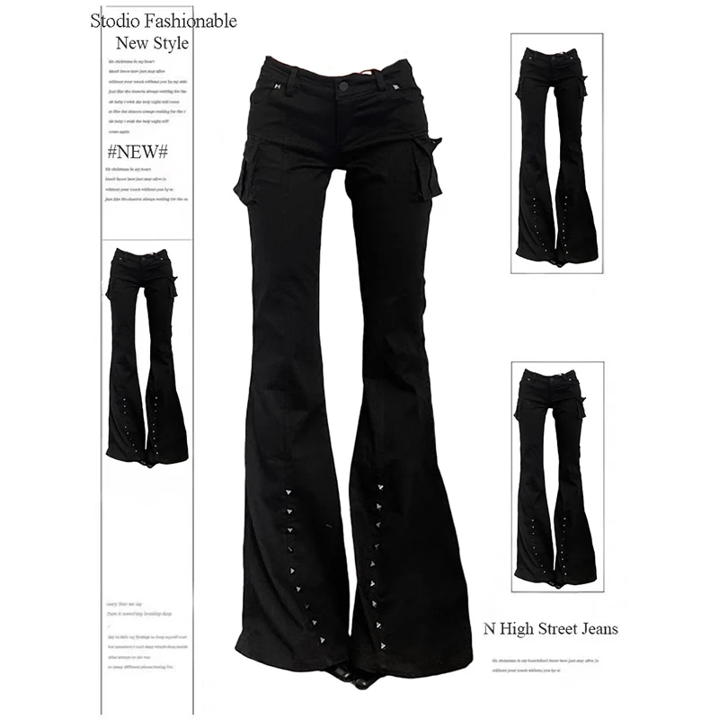 Damskie ciemne spodnie w stylu Dark Academia Goblin Core, długie, Gyaru Goth, z niskim stanem, rozszerzane, Y2K Streetwear, elastyczne, japońskie Harajuku Grunge — zdjęcie 2