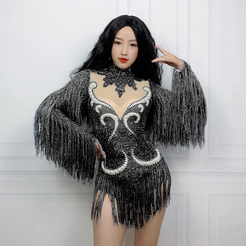 9 Colors Fringed Sleeves Rhinestones Bodysuit Women Party Stretch Clothing Drag Queen Costume Stage Dj Ds Festival Outfit XS6947