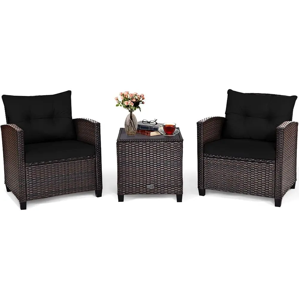 3-Piece Outdoor Patio Furniture Set with PE Rattan Wicker, Washable Cushions, and Tempered Glass Top for Garden, Poolside, or Ba