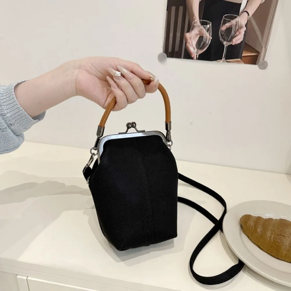 England Style Cloth Kiss Lock Shoulder Bag Solid Color Bucket Shape Crossbody Bag Korean Style Versatile Women's Handbag Travel