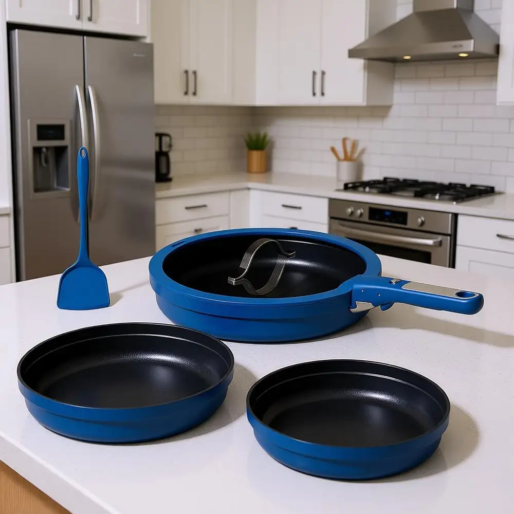 

3-Piece Non-Stick Frying Pan Set with Detachable Handles, 8, 10, 12, Oven-Safe, Induction Compatible, Stackable, Blue