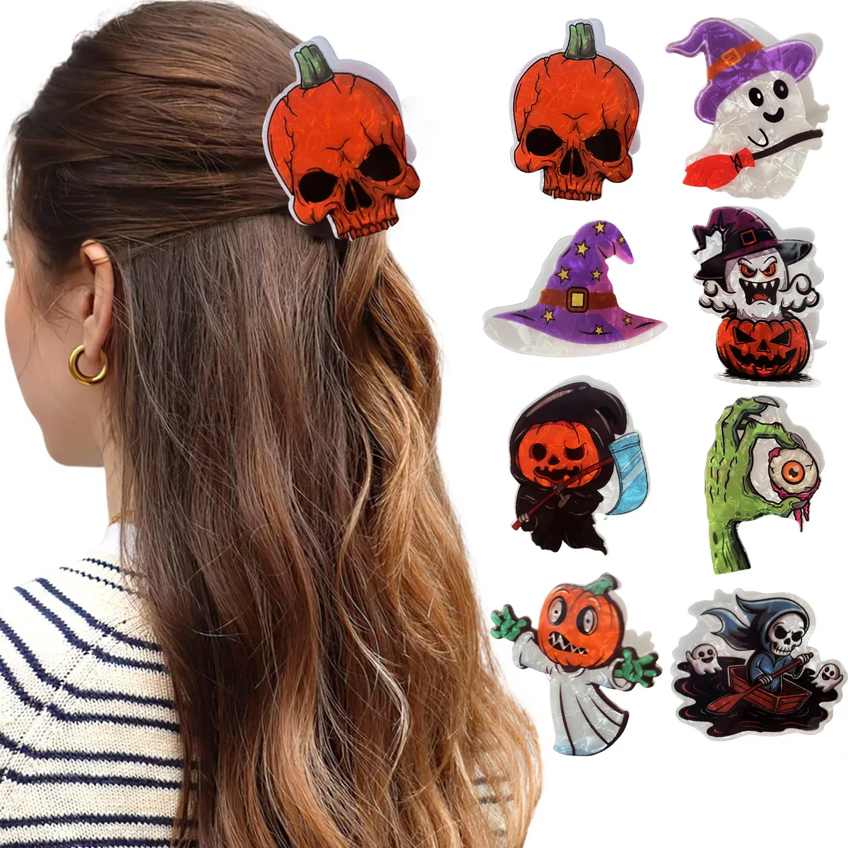 

2025 NEW Halloween Series Hair Claw Funny Skeleton Pumpkin Acrylic Claw Clips Trendy Hair Clips for Women Girls Hair Accessories