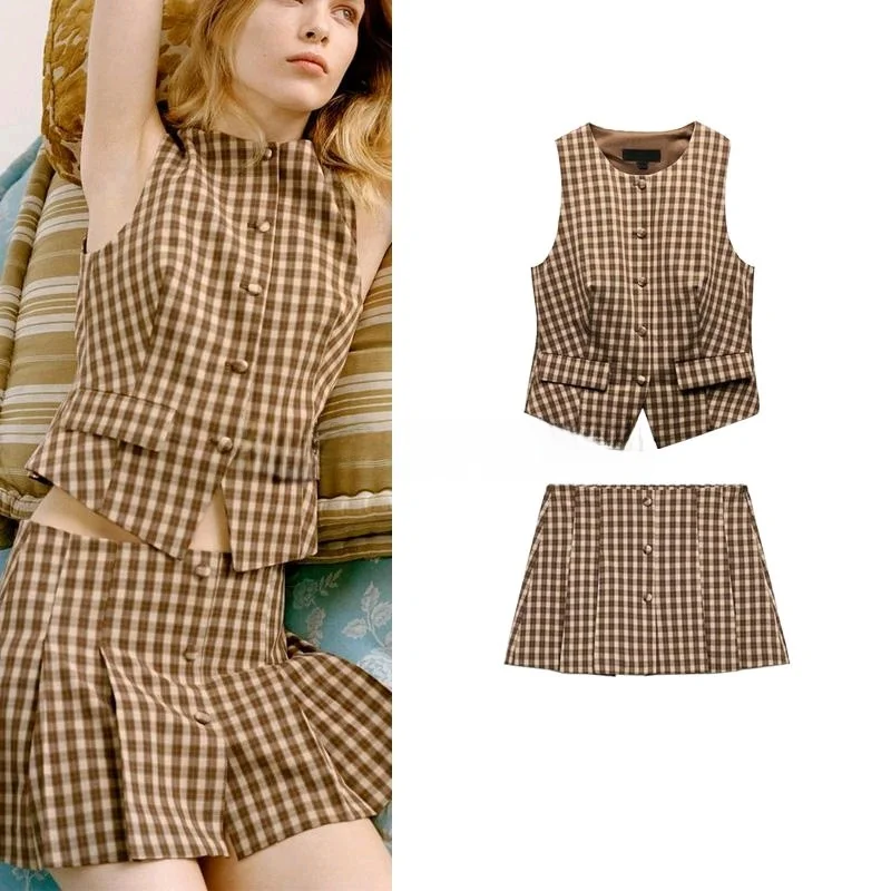 Spring New Women's Plaid Slim Vest Sle Top A-Line Skirt Pants Faion Set ort Sve round Ne Button Dr Code