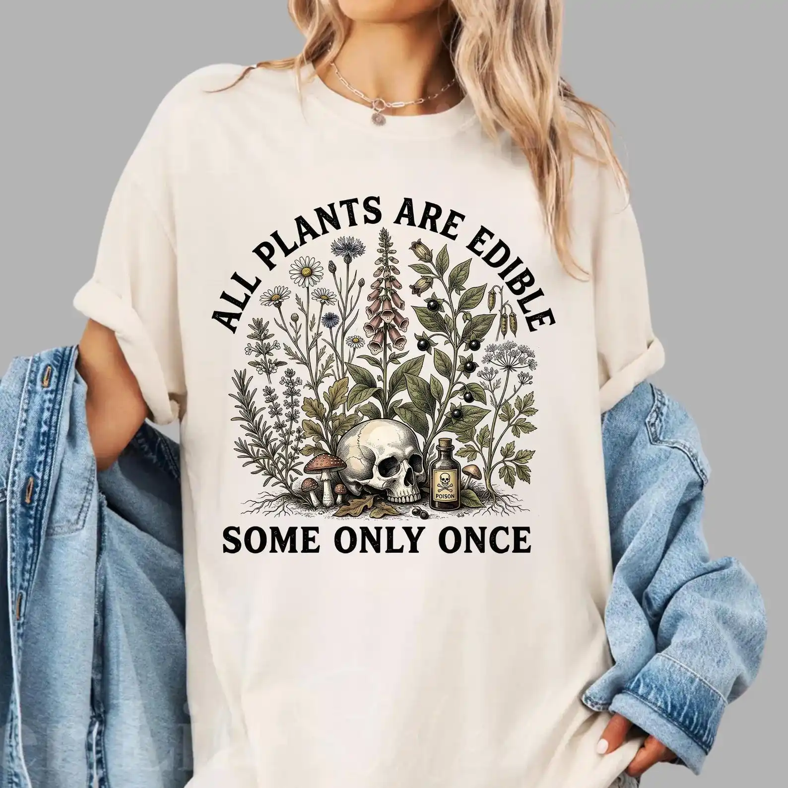 Funny Skull Botanical Graphic T Shirts Vintage All Plants Are Edible Some Only Once Unisex Shirt Comfort Color Plant Lover Tee