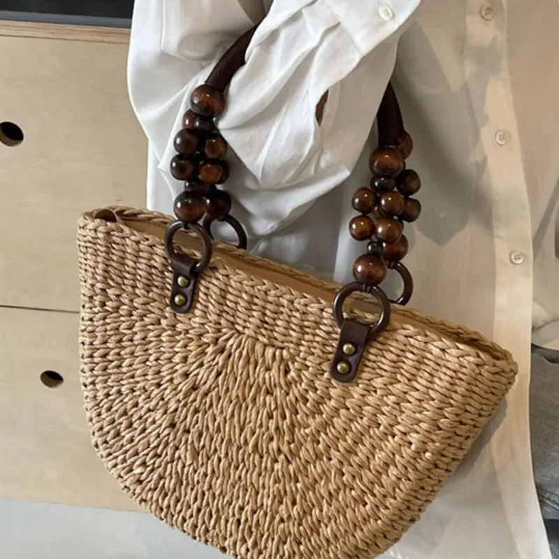 Imagem -03 - Grama Criativa Woven Wooden Beads Handbag Grande Capacidade Verão Rattan Woven Beach Bolsa Bolsa de Axilas de Férias