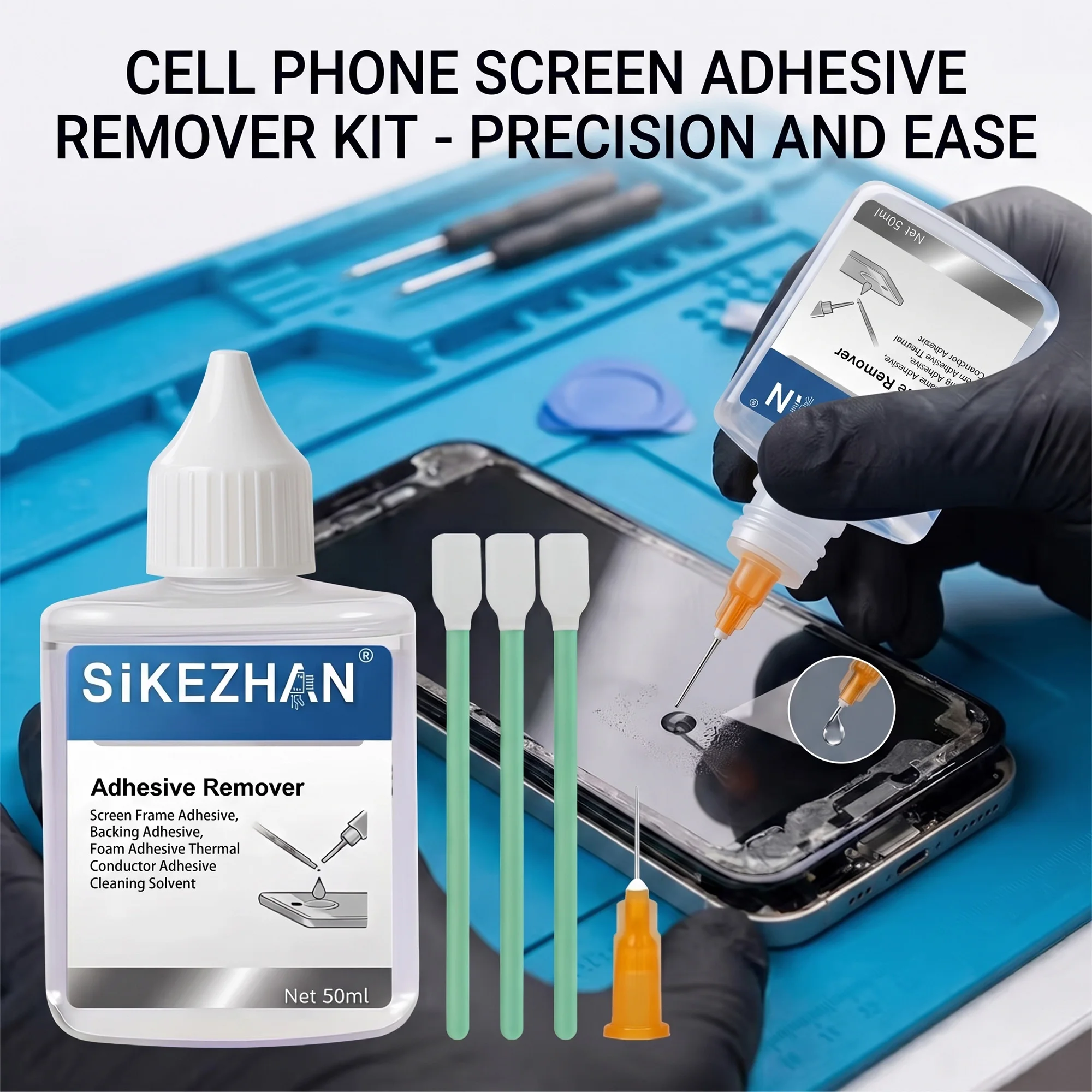 LCD Screen Glue Remover Set, Safe Adhesive Cleaner with Needle & Swabs for Mobile Phone Frame Back Thermal Foam Adhesive Removal