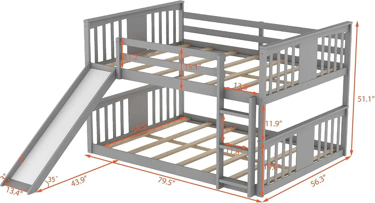 Harper & Bright Designs Full Over Full Bunk Bed With Slide, Solid Wood Low Bunk Bed Frame With Ladder And Guard Rail, Floor