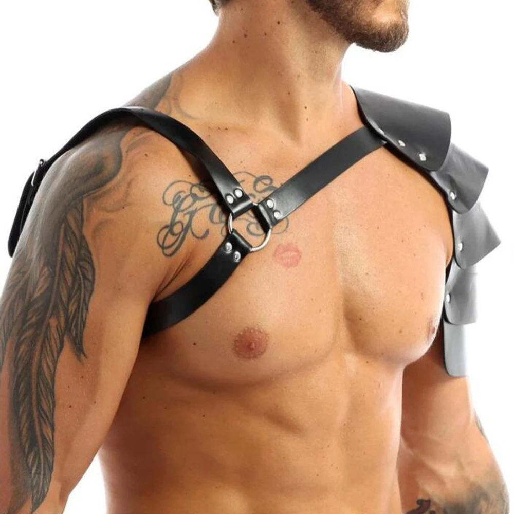 Black Men\'s Leather Sexy Body Harness Cross Shoulder Armor Fetish Halter Lingerie Adjustable Buckle Rave Club Outfit