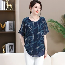 Women's Summer Plus Size Chiffon Blouse T-shirt Retro Patterns Lapel Half Sleeved Tops Women's 2024 New Clothing