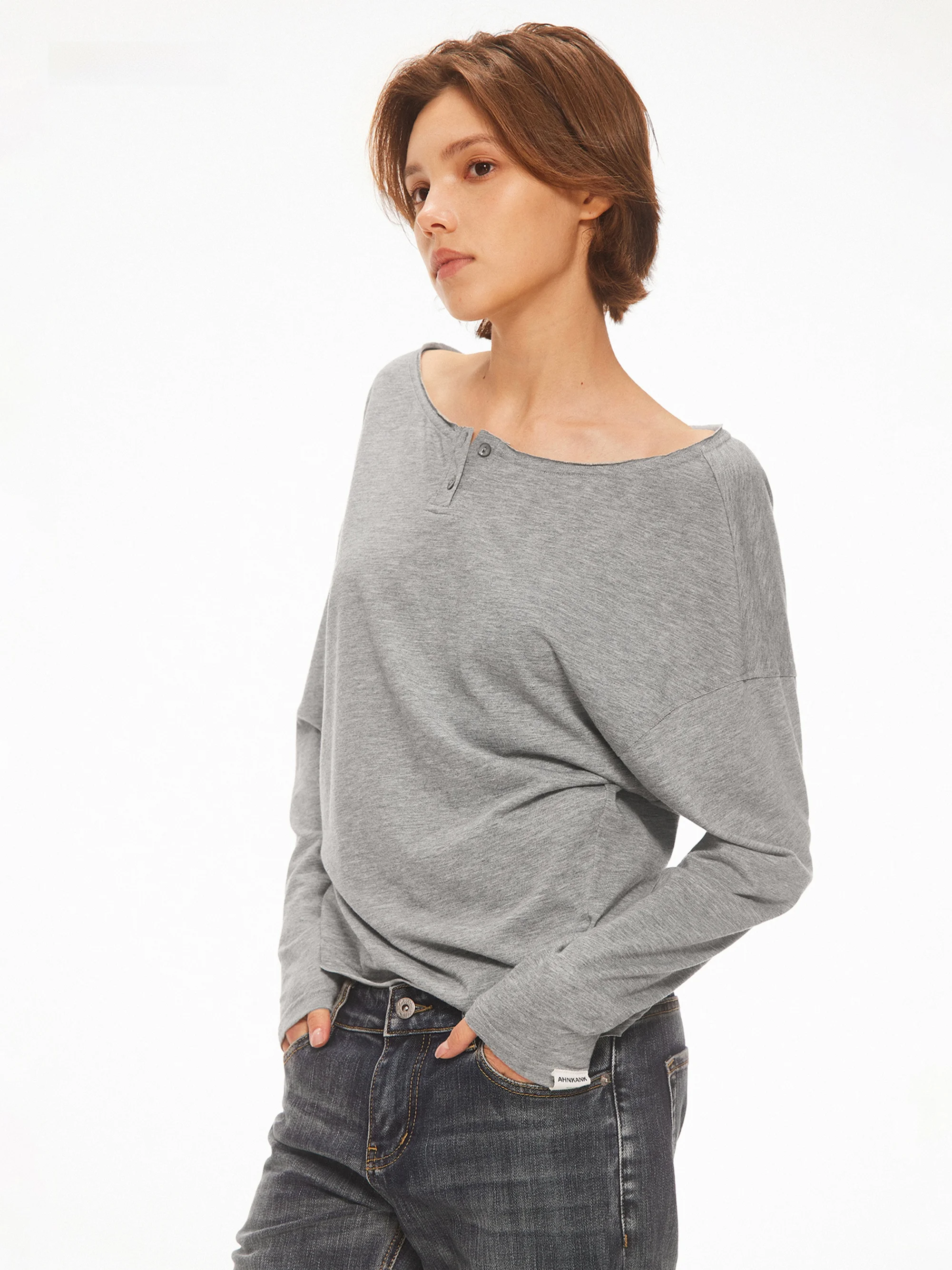 AHNKANK Autumn New Loose Long Sleeve Henry Collar T-Shirt Women's Shoulder Bared Casual Style Polyester Blend Cotton Blend
