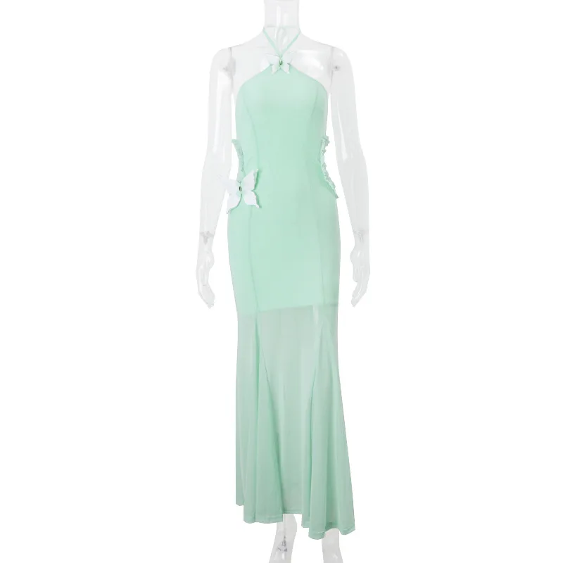 2025 otoño nuevo vestido de cola de pez adelgazante sin espalda con cuello Halter y mariposa E001