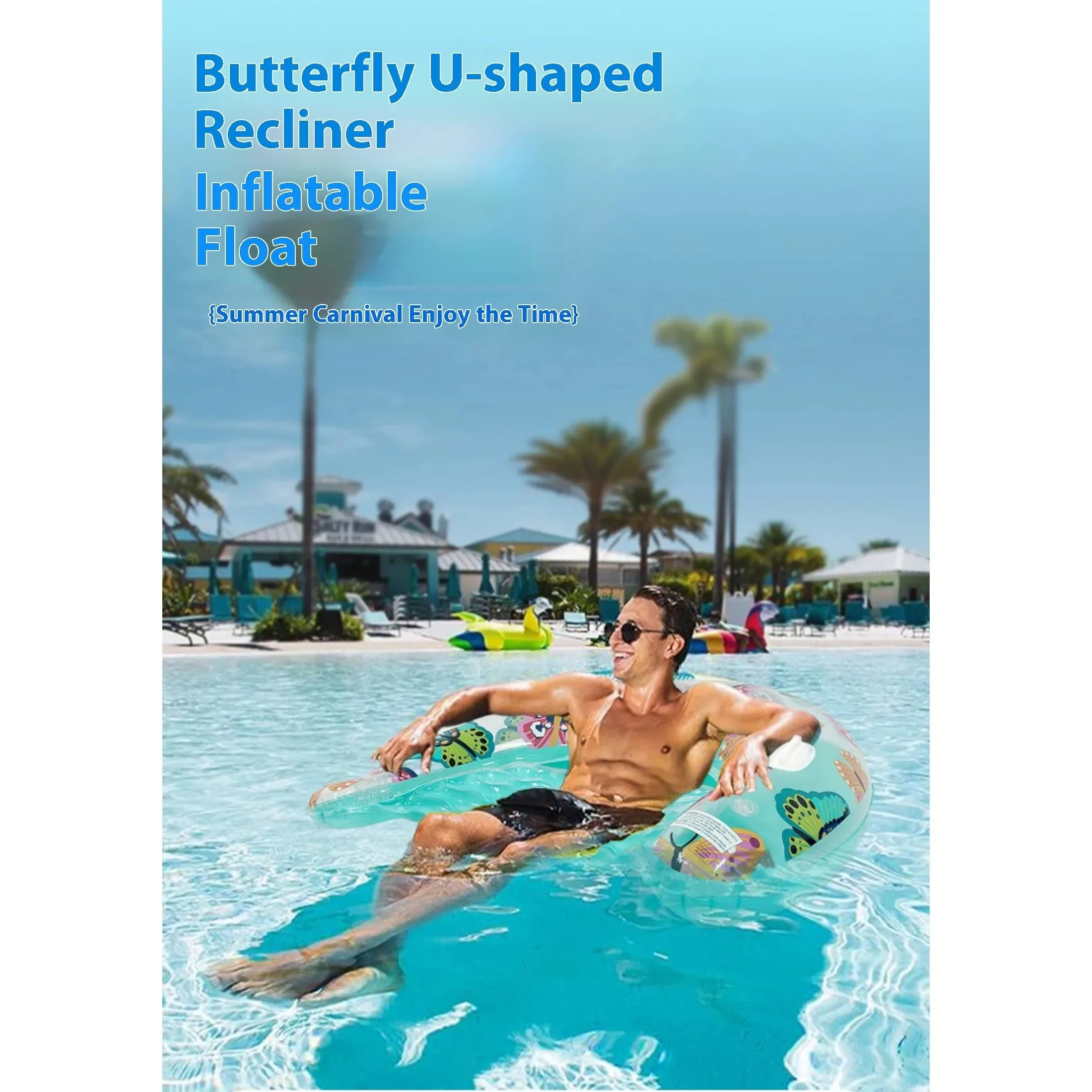 1 Stück U-förmiger aufblasbarer Schwimmkörper mit Schmetterlingsdruck, dicke PVC-Poolliege mit Getränkehalter, mintgrünes Schwimmbett