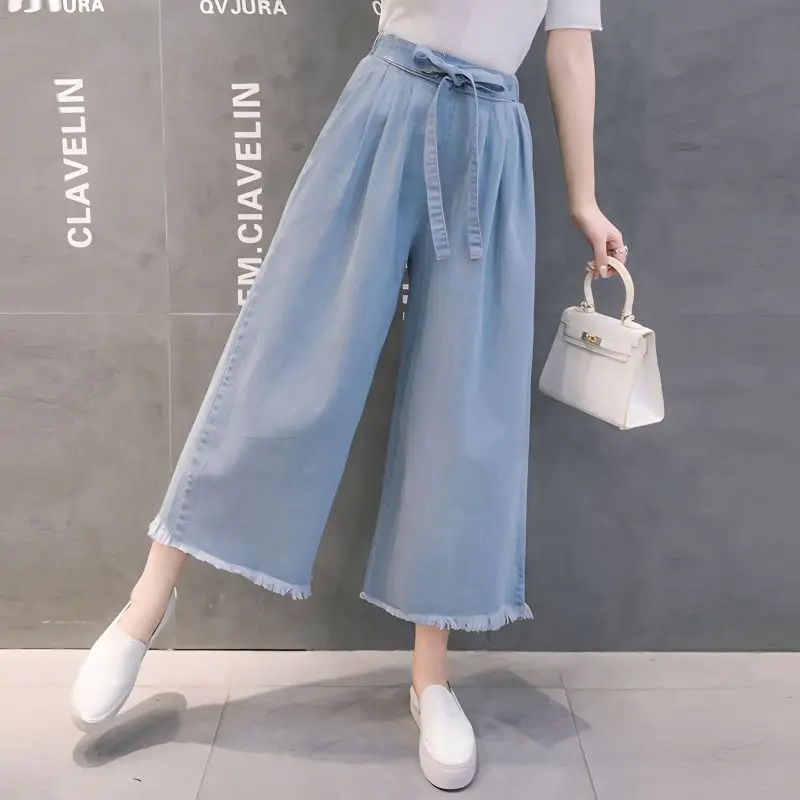 

Women Summer Simplicity Loose Thin Solid Color Lacing High Waist Jeans Women Clothes Casual All-match Appear Thin Cropped Pants