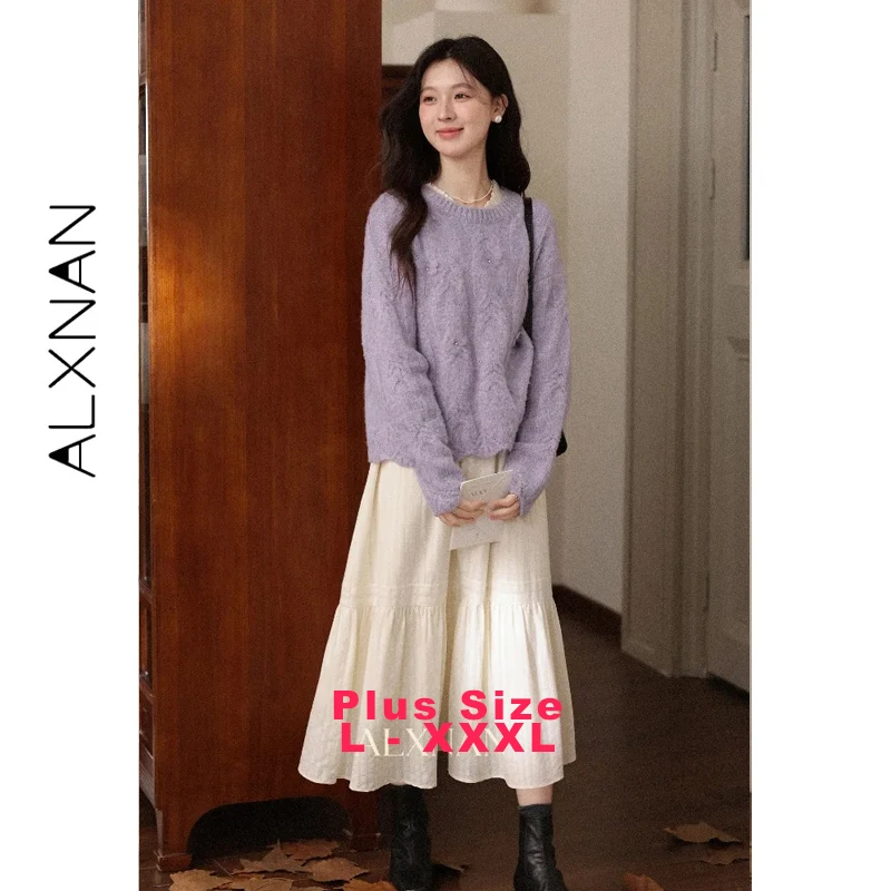 

ALXNAN Plus Size Purple Sweater Autumn Winter Warm Loose-fit Long Sleeve Pullover Casual 3D Lace Beaded Women's Jumpers D00648