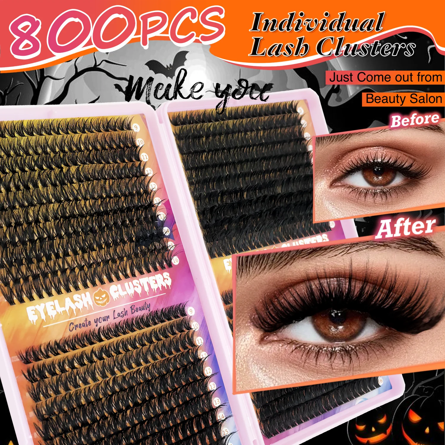 Zestaw do przedłużania rzęs DIY na Halloween, 800/320 kępek, 9-16mm, mieszanka górnych rzęs, 40D-100D z klejem, pędzelkiem, pęsetą i narzędziami.