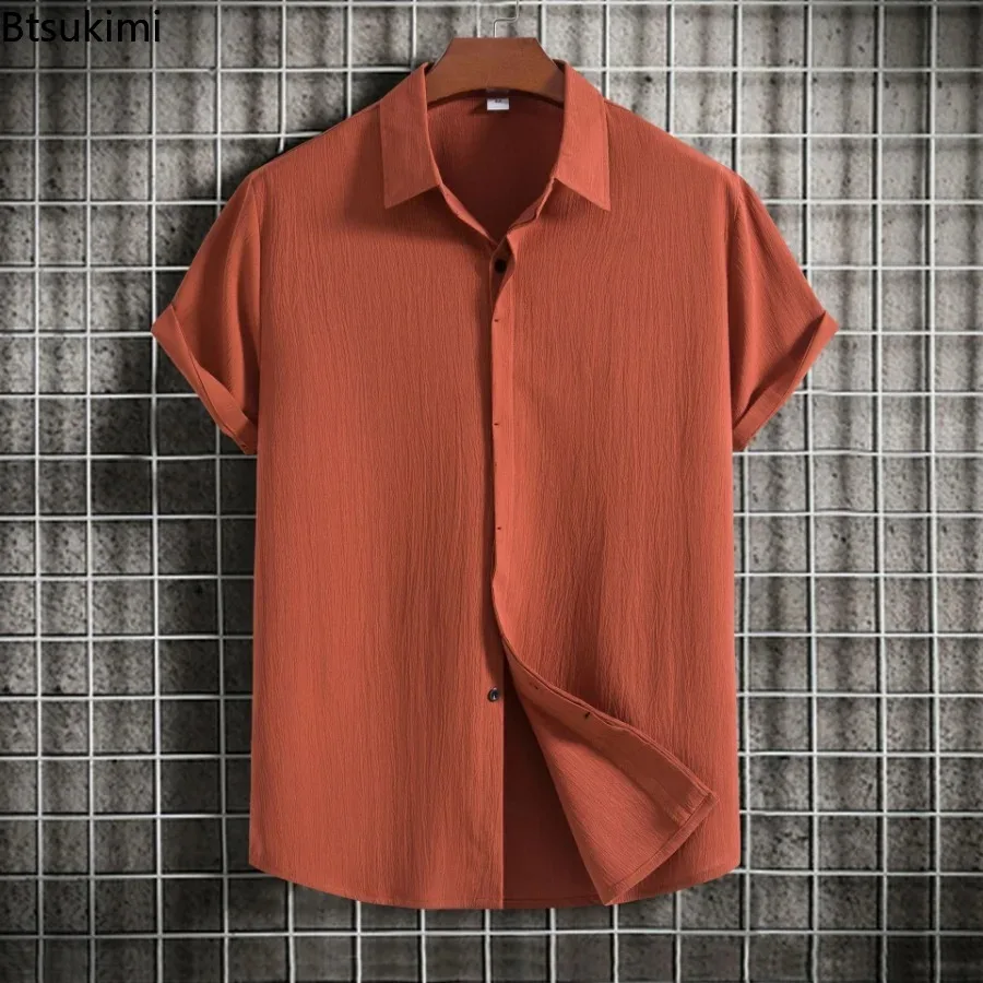 Camisas de lino y algodón para Hombre, Camisa informal de manga corta con solapa, color liso, a la moda, para verano, novedad de 2024