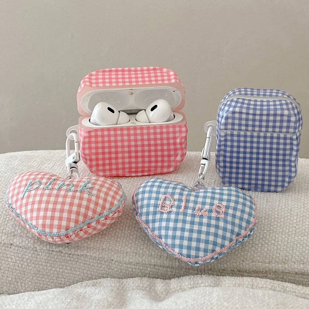 Heart Ball Pendant Wave Edge Protector Cover For Airpods 1 2 3 Fabric Plaid Style Soft Shell For Airpods Pro 2 3rd Earphone Case