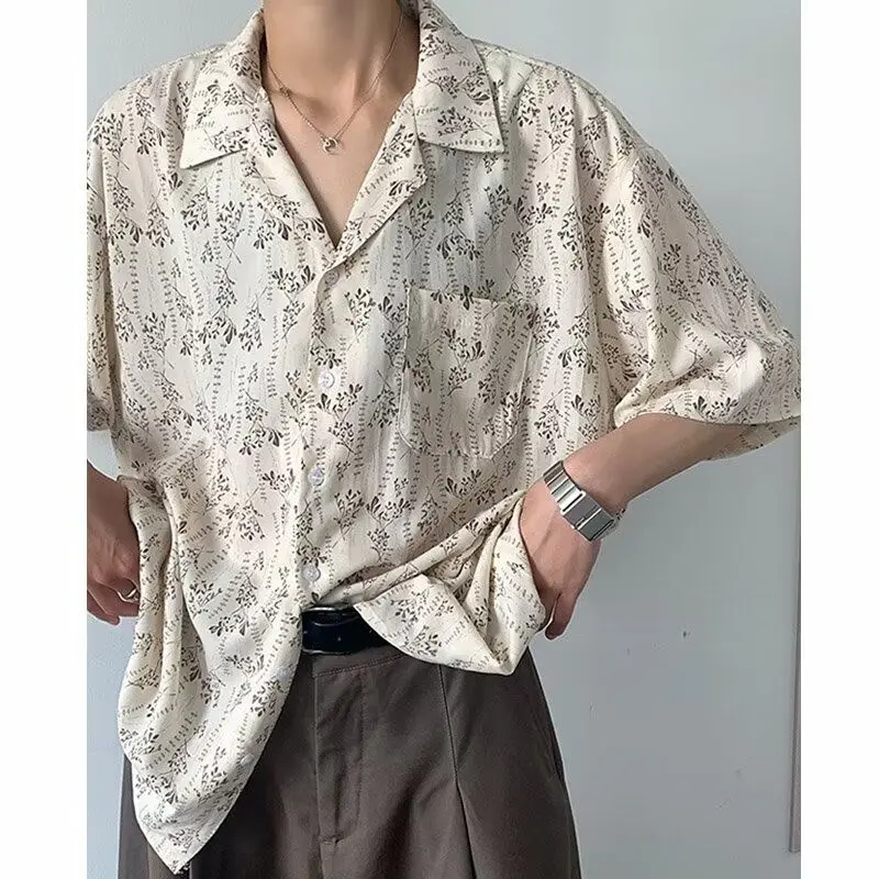 Camicia floreale in seta di ghiaccio a maniche corte con design a maniche corte barocca a cinque quarti giacca retrò americana Harajuku girocollo