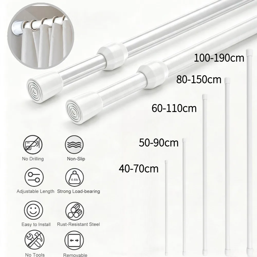 Extendable Curtain Rod Tension Pole Easy Fitting For Net Curtains, Shower Curtains or Voile Spring Tension Rod Easy Fitting
