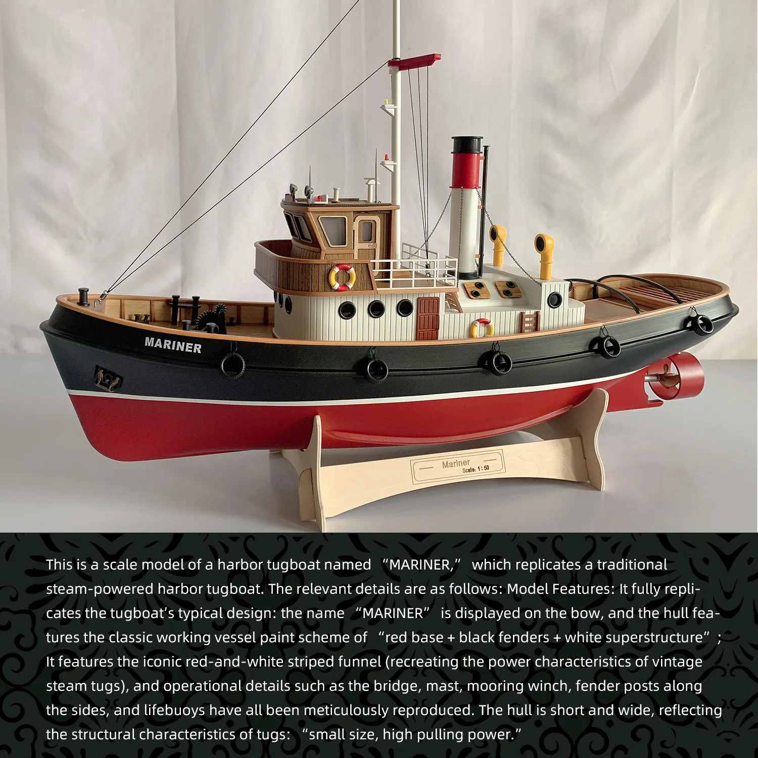 1:50 Scale RC Tugboat MARINER 2.4G 6CH Remote Control Ship Fiberglass Hull For Hobby Water Play Collectible Display ﻿