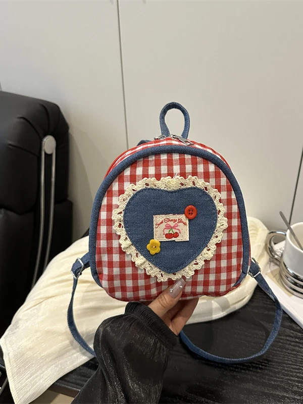Casual Plaid Canvas Backpack Women's 2025 New Fashion College Style Double Shoulder Bag Cute Cartoon Girl Feeling Backpack