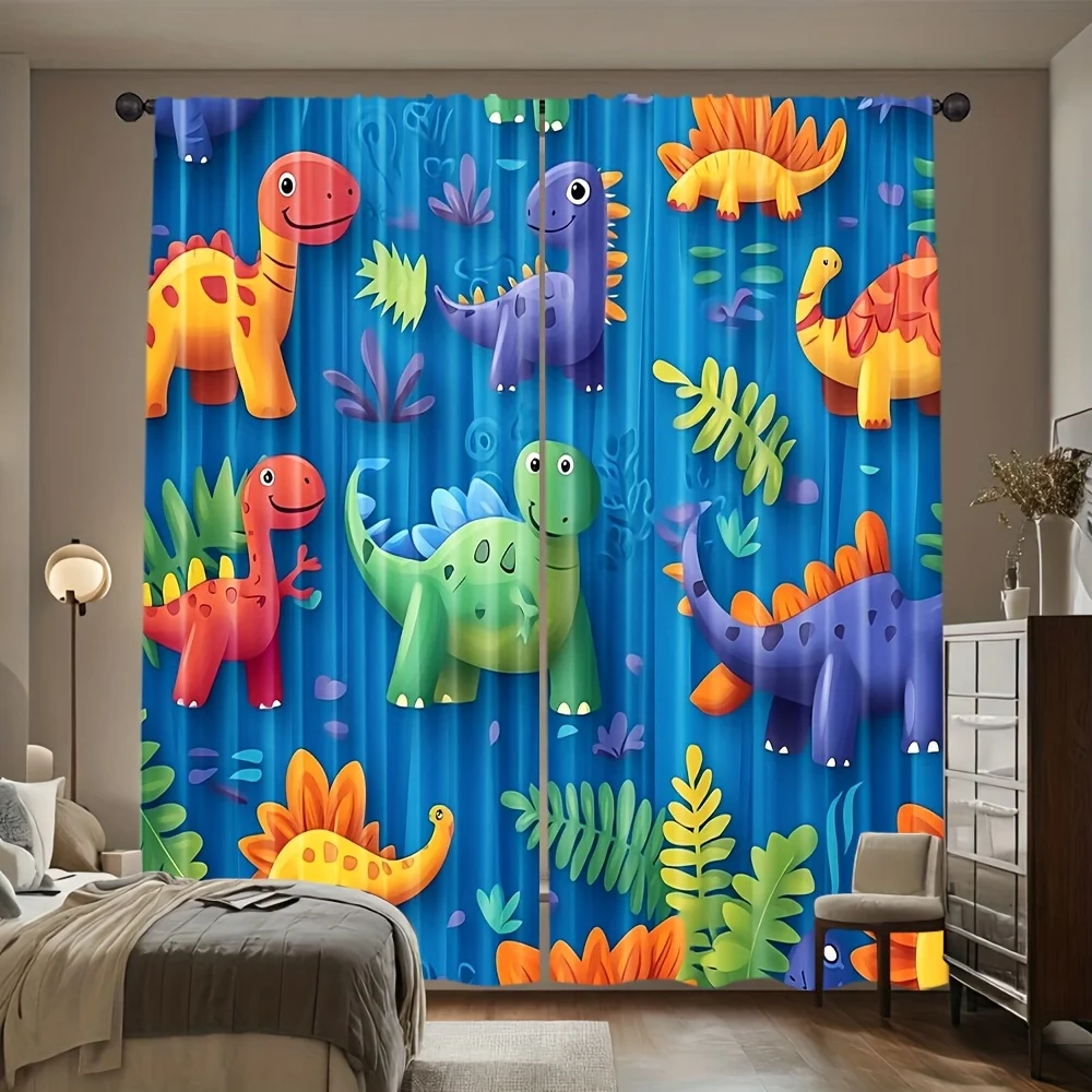 Cartoon Dinosaur Curtain, Colorful Dino Pattern with Ferns on Blue Background, Kids Room Window Drapes for Boys and Girls