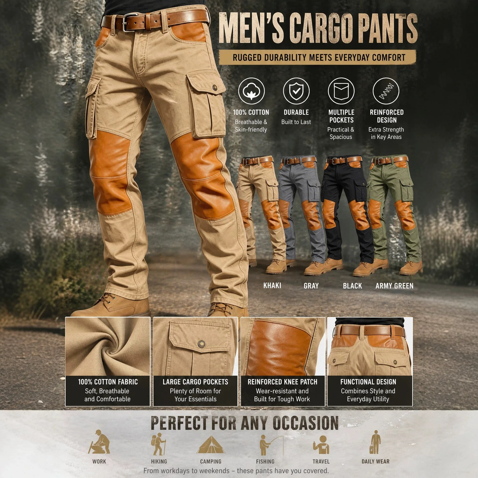 New Spring Casual Slim Cargo Pants Men Long Work Trousers Male Multi Pockets Patckwork Color Outdoor Sport Camping Fishing Pants