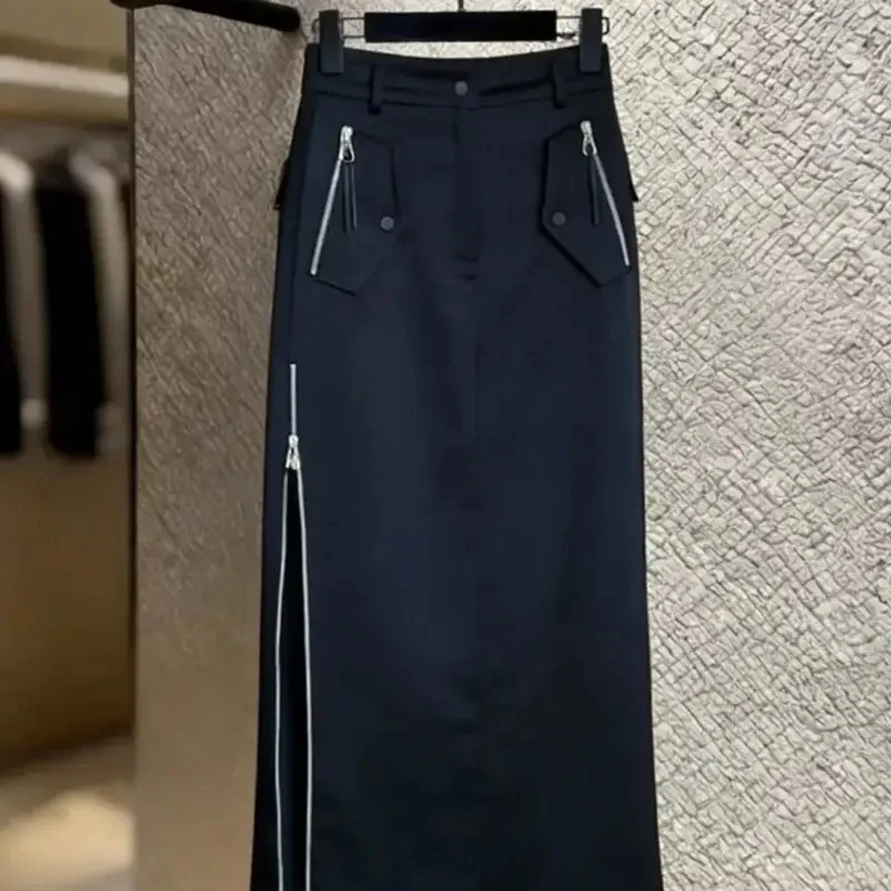 Chic Business Black Zipper Cargo Skirts Women Summer High Waist Thin Zipper Slit Work Midi Skirts Pockets Elegant