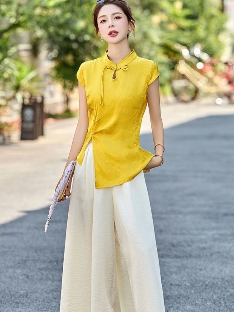 Neo Chinese Style Summer 2 Piece Set Retro Yellow Blouse Wide Leg Pants Vibrant Casual Outfit High Quality Women's Clothing