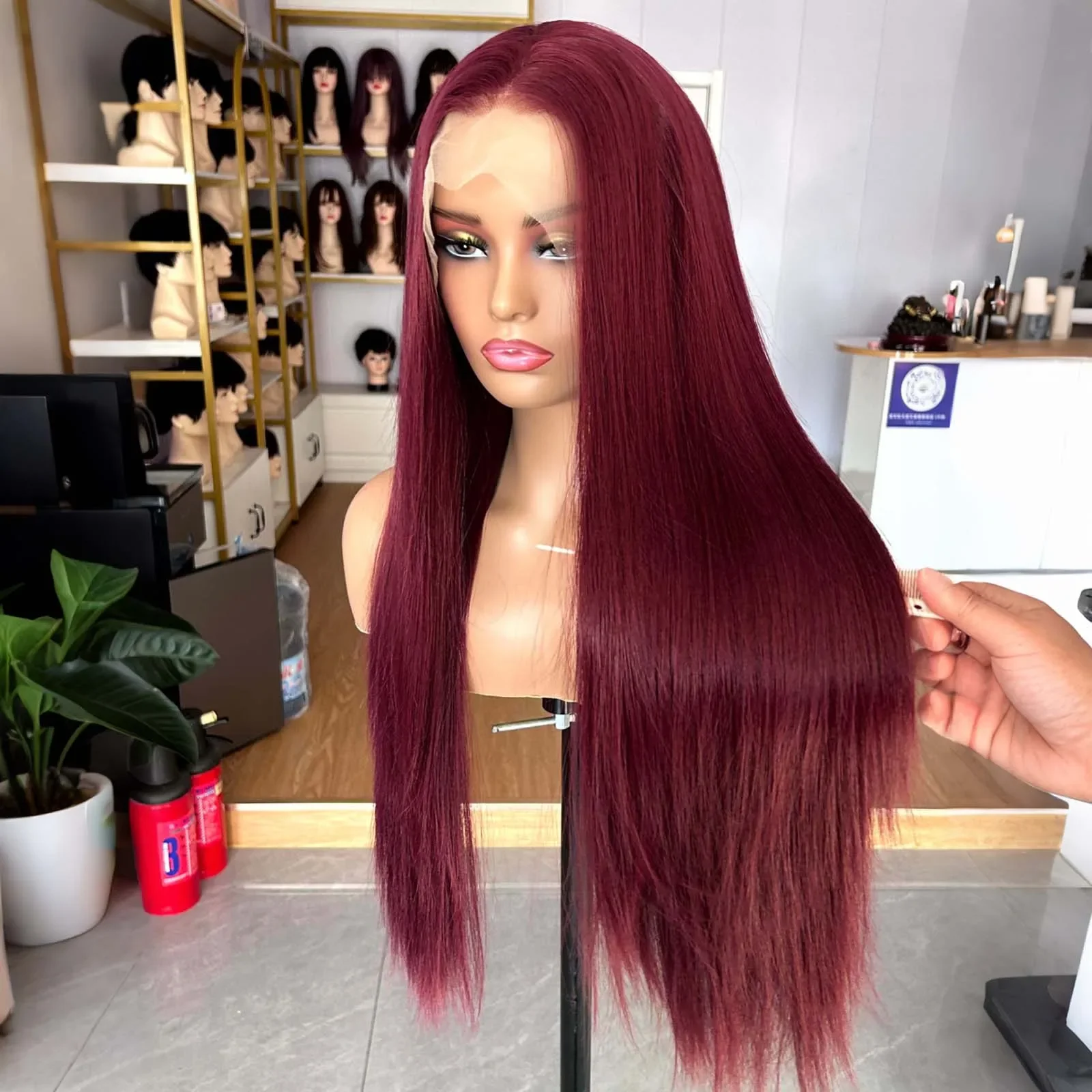 

Натуральная линия волос, 26 дюймов, винно-красный, мягкие, длинные, плотность 180, прямые волосы, парик спереди, для женщин, для ежедневного использования, предварительно выщипанные волосы