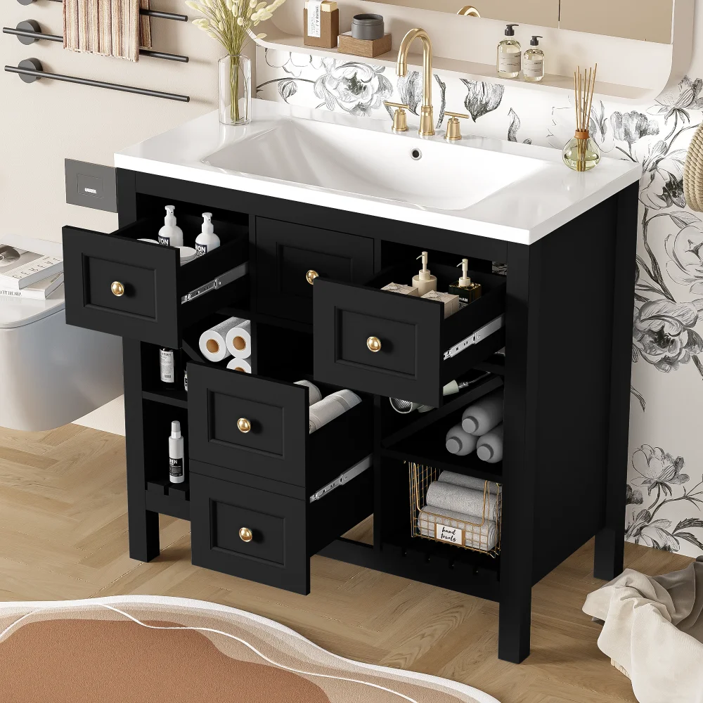 36'' Bathroom Vanity with Resin Sink Combo, Solid Wood Frame Bathroom Storage Cabinet, Freestanding Vanity Set with 5 Drawers