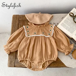 INS Autumn Dress Girls, Babies, and Children's Double Wrinkled Cotton Ear Collar Embroidered Long Sleeve Romper One Piece Triang