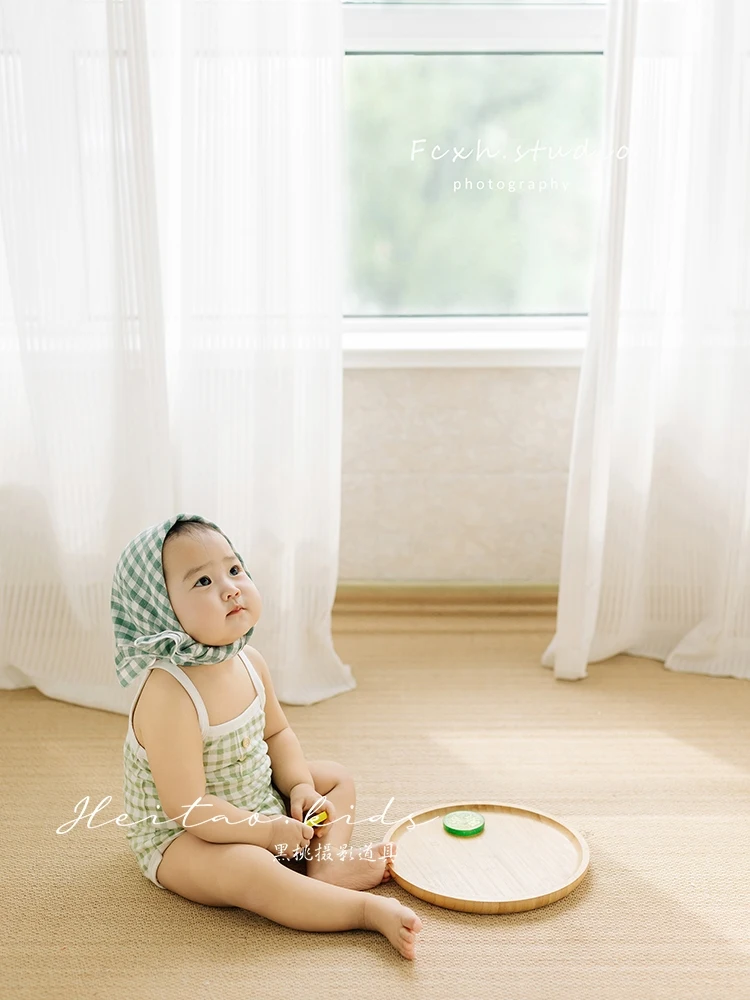 Summer fresh green checkered jumpsuit for boys and girls 100 day old photography clothing, childrens photo props 아기 코스프레