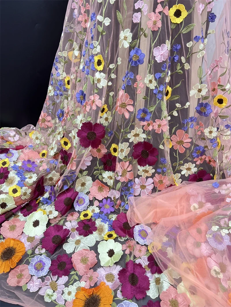 5 ياردة زهور ثلاثية الأبعاد في الأرجواني أقمشة الدانتيل الفرنسي شمسيّة دانتيل عالية الجودة صافي نسيج الدانتيل الأفريقي مع الخرز أقمشة الدانتيل حفل زفاف