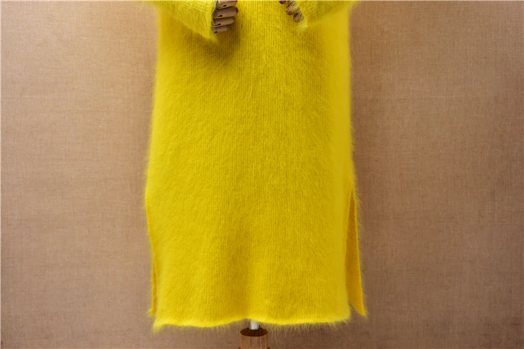 Female Women Autumn Winter Clothing Yellow Hairy Angora Rabbit Hair Knitted V-Neck Long Sleeves Slim Long Sweater Dress Jumper