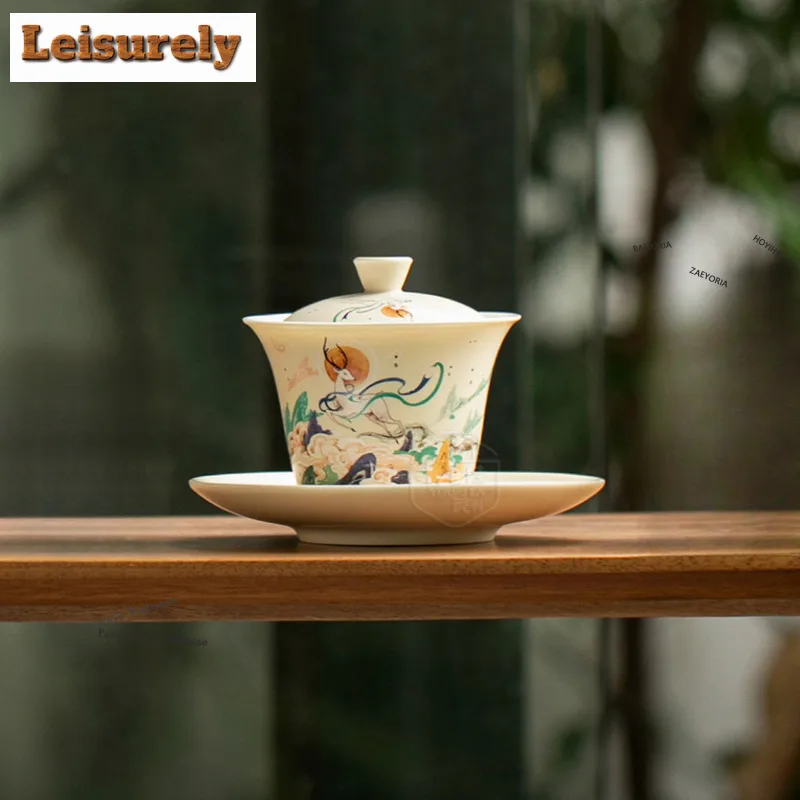 BAEJORIA 140ml Dunhuang A Deer of Nine Colors Gaiwan Zen Tea Tureen Tea Bowl with Lid Kit Tea Maker Cover Bowl Cha Craft Gifts