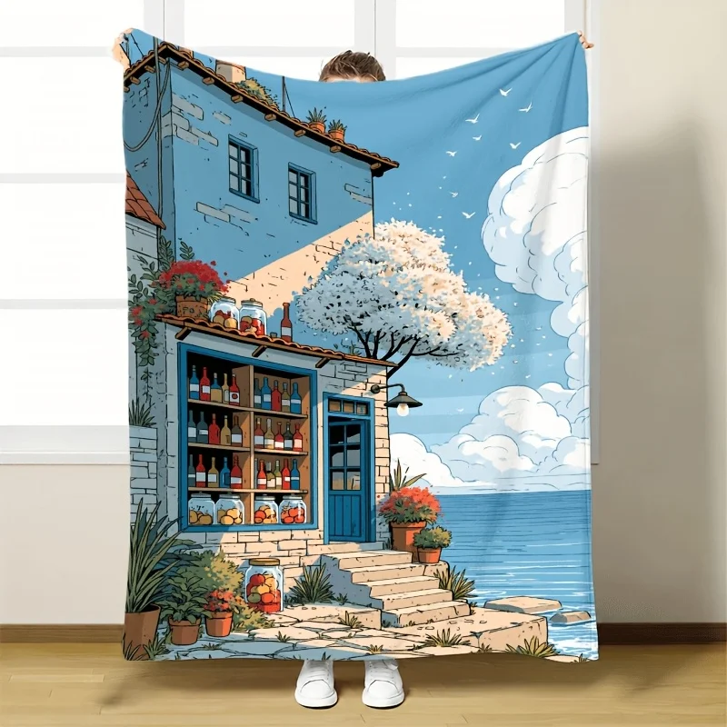 Mediterranean Seascape Cottage Illustration Throw Blanket Tapestry Spring Blossoms Coastal Europe Home Decor Artwork Gift Art Pr