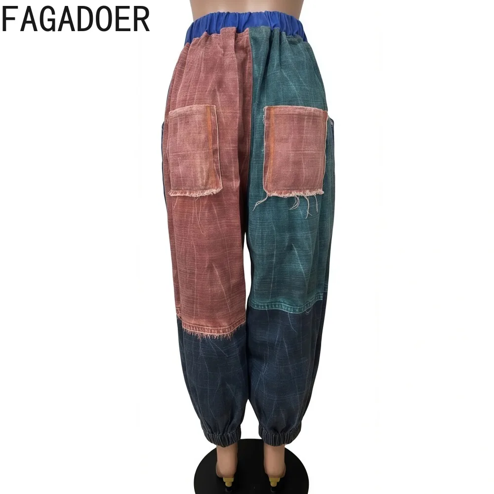 กางเกงยีนส์แฟชั่นสีสันตัดต่อสไตล์ FAGADOER สำหรับผู้หญิง มีกระเป๋า แต่งผ้าแบบแพทช์เวิร์ค ทรงหลวม ขากว้าง สไตล์สตรีทแวร์ รุ่นใหม่ประจำฤดูใบไม้ร่วงปี 2025