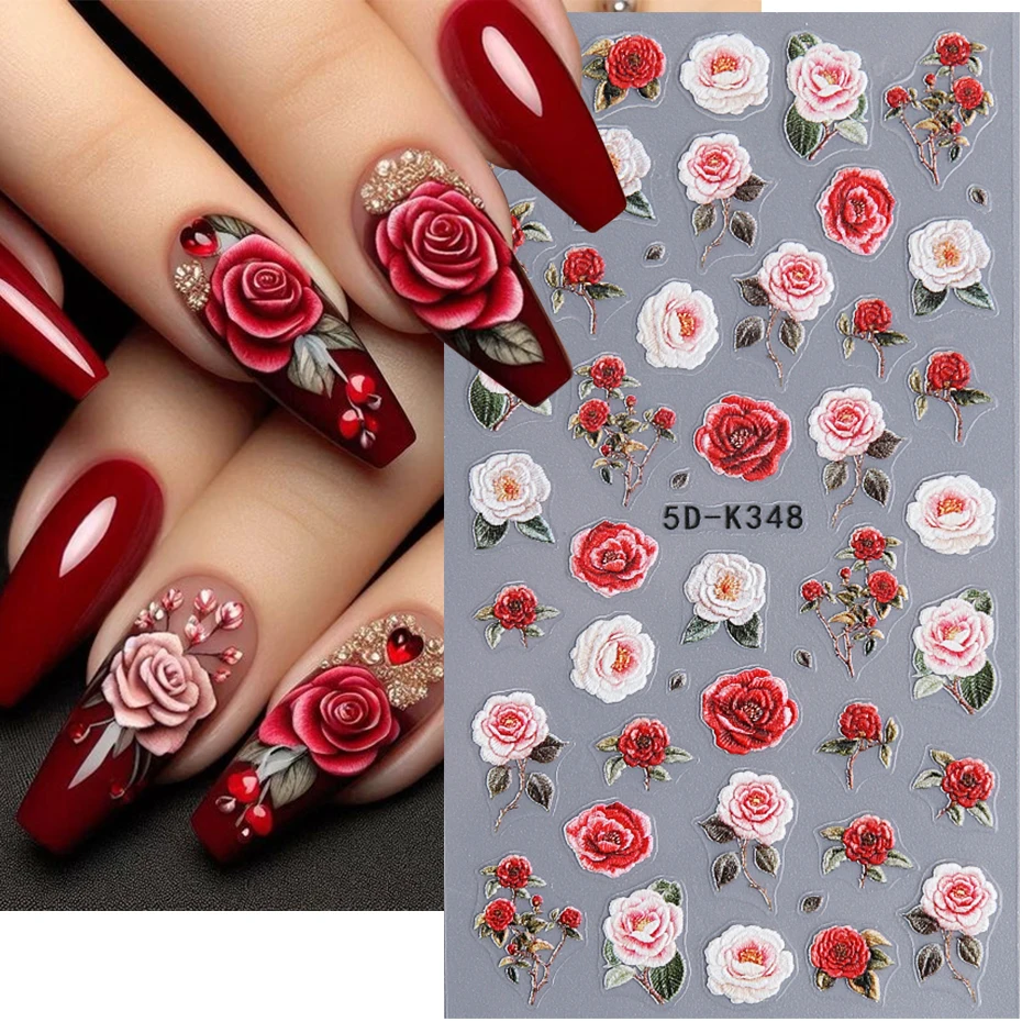 5D Embossed Nail Stickers Valentine‘s Day Red Rose Flower Self-Adhesive Sliders Decals Simple Ladies Manicure Decoration Foils