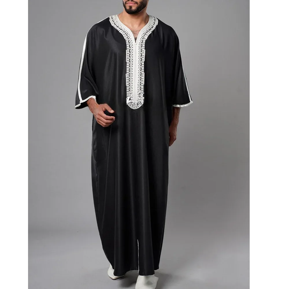 

Men Spliced Robe Eid Muslim Gown Abaya Embroidery Long Robe Modest Dubai Batwing Abayas Kaftan Loose Ramadan Traditional Male